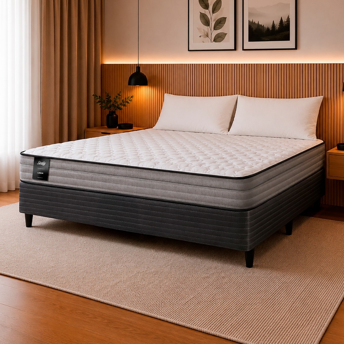Sommier 2 Plazas Resorte Bonnell Sealy Linen (140x190) + 2 Almohadas