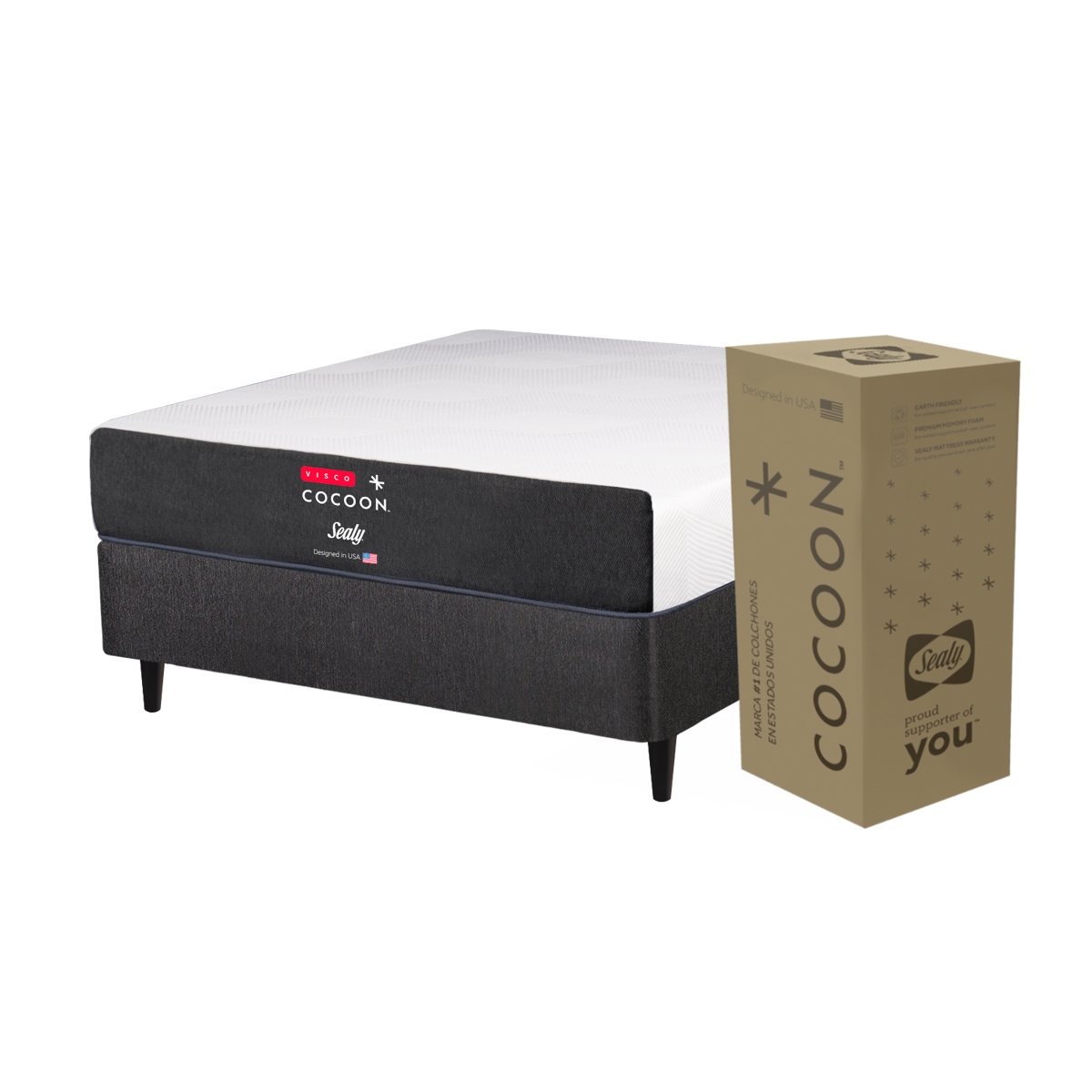Sommier y Colchon en Caja 2 Plazas Espuma Sealy Cocoon Chill Visco Box 140x190 en SommierCenter