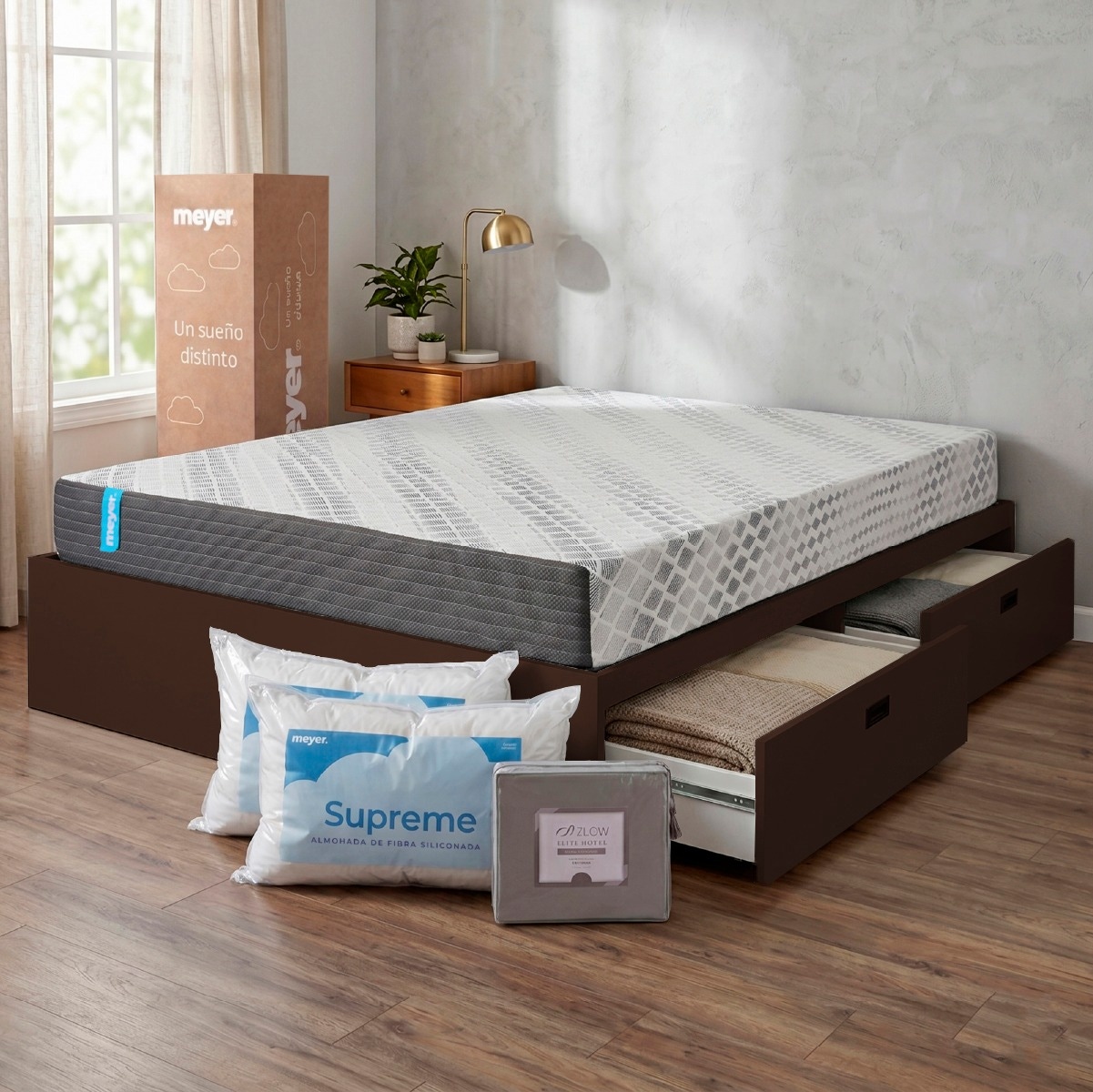 Combo Dream Compact 2 Plazas Cama Cajón Wengue + Colchón + 2 Almohadas + Sábana (140x190)