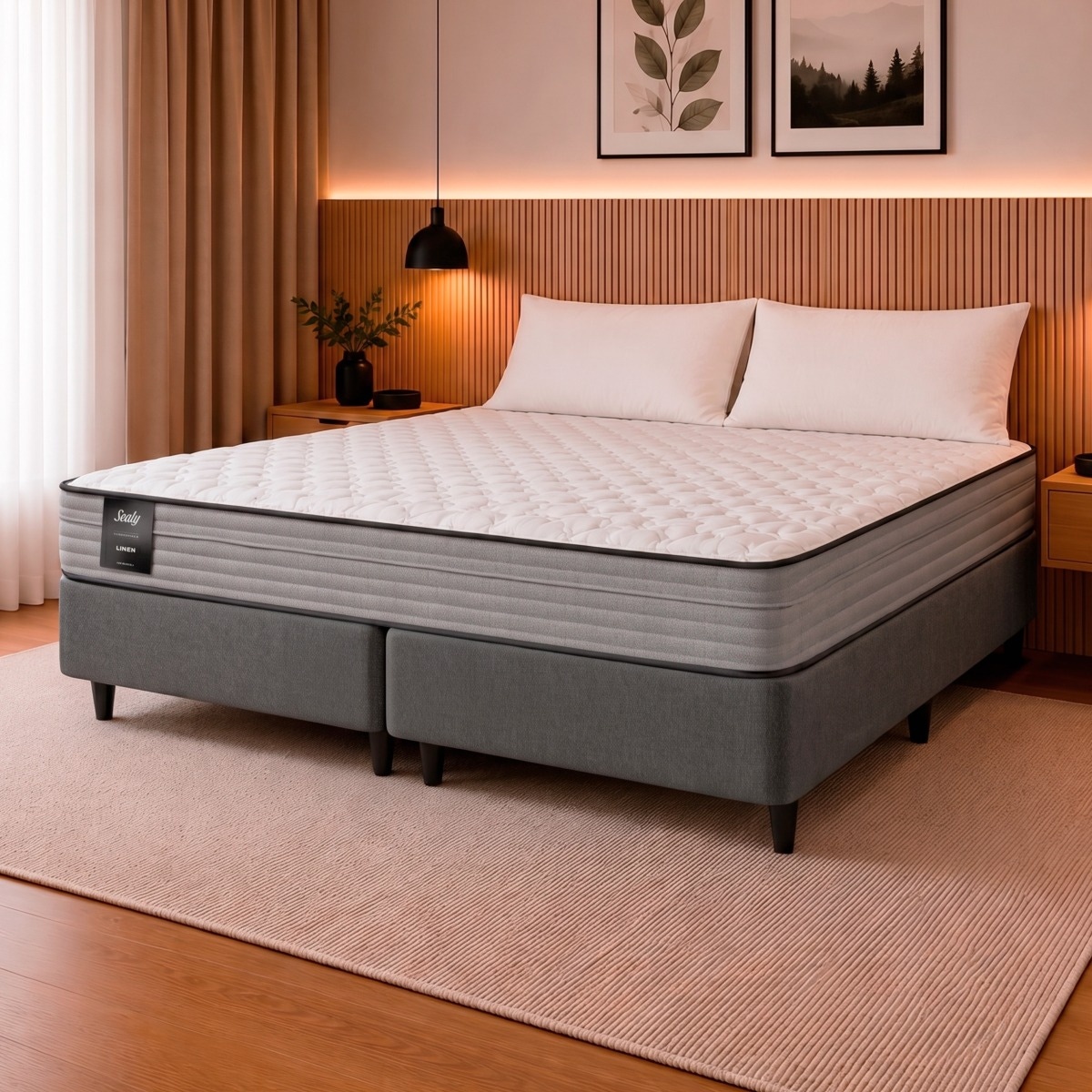 Sommier 2 Plazas y Media Resorte Bonnell Sealy Linen (160x200) + 2 Almohadas